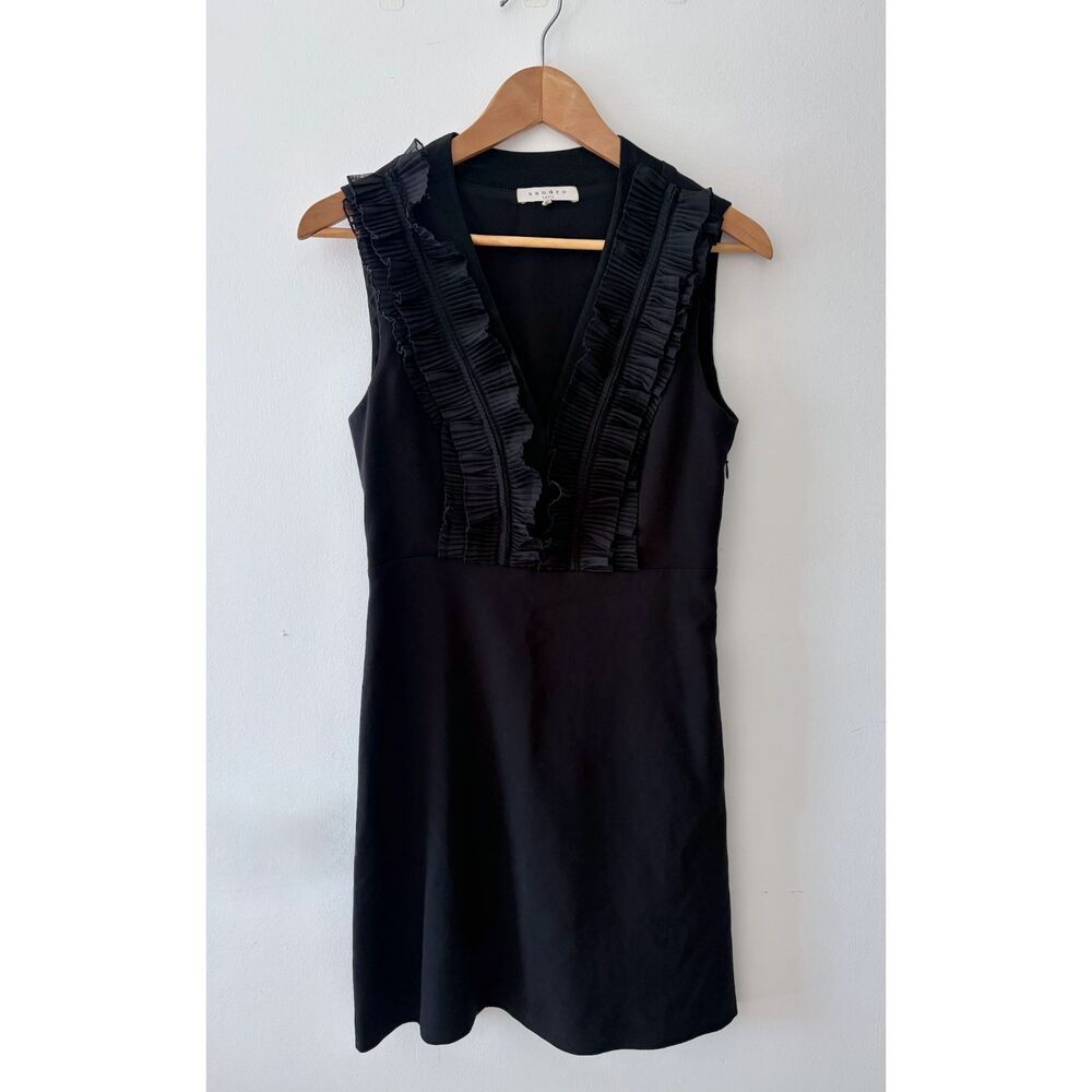 SANDRO Paris Black Sleeveless Ruffle V-Neck Fit & Flare Mini Dress Womens 1